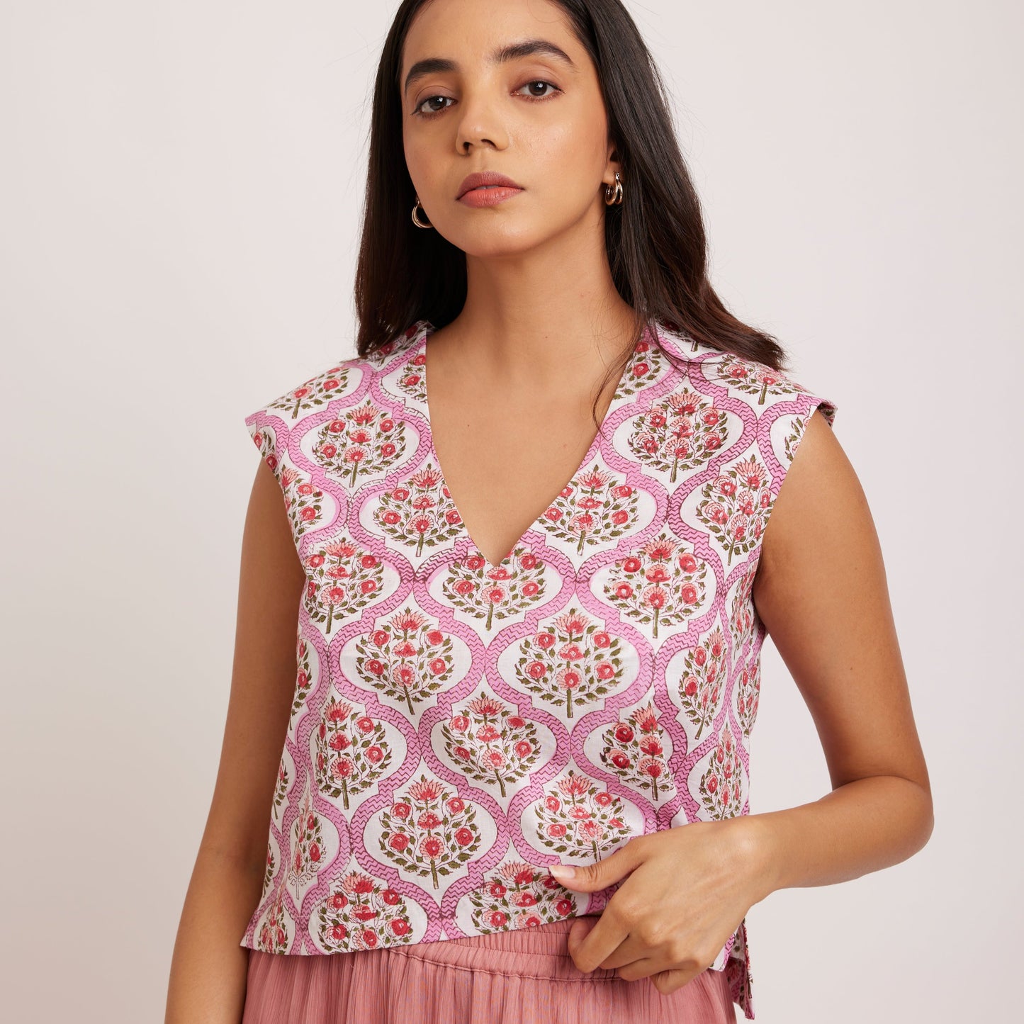 GOLBAHAR block print v-neck Top