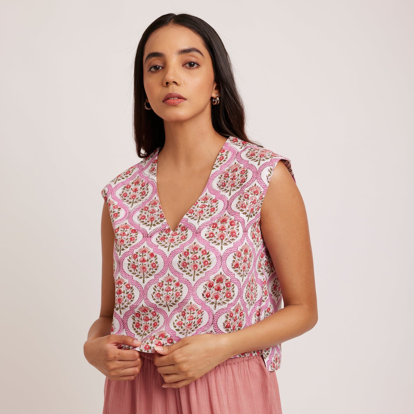 GOLBAHAR block print v-neck Top